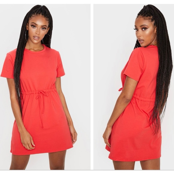 PrettyLittleThing Dresses & Skirts - PrettyLittleThing Red Drawstring Tie Waist T Shirt Mini Dress Petite 0